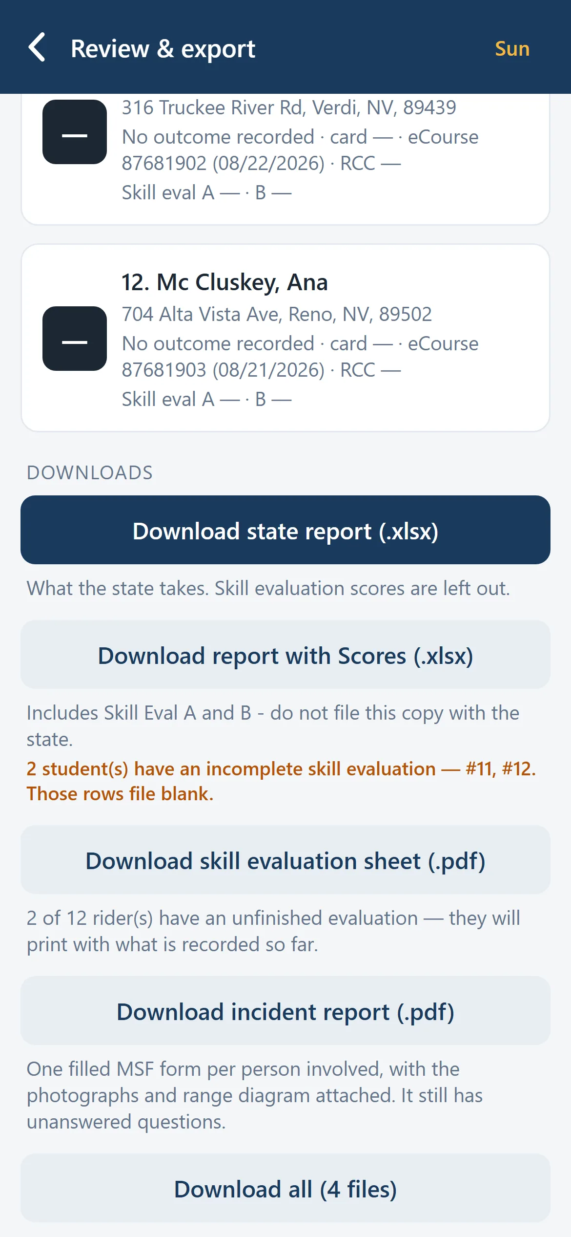 The review screen: rider rows, then the four files this class produces, each with a note on what it is for and a warning naming two students with an incomplete evaluation.